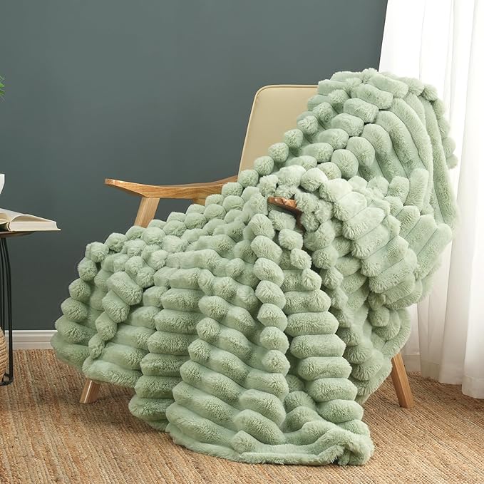Cozy Bliss Faux Fur Throw Blanket for Couch, Cozy Warm Plush Striped Blanket for Sofa Bedroom Living Room, 50 * 60 Inches Sage Green-Ruum Studio Home