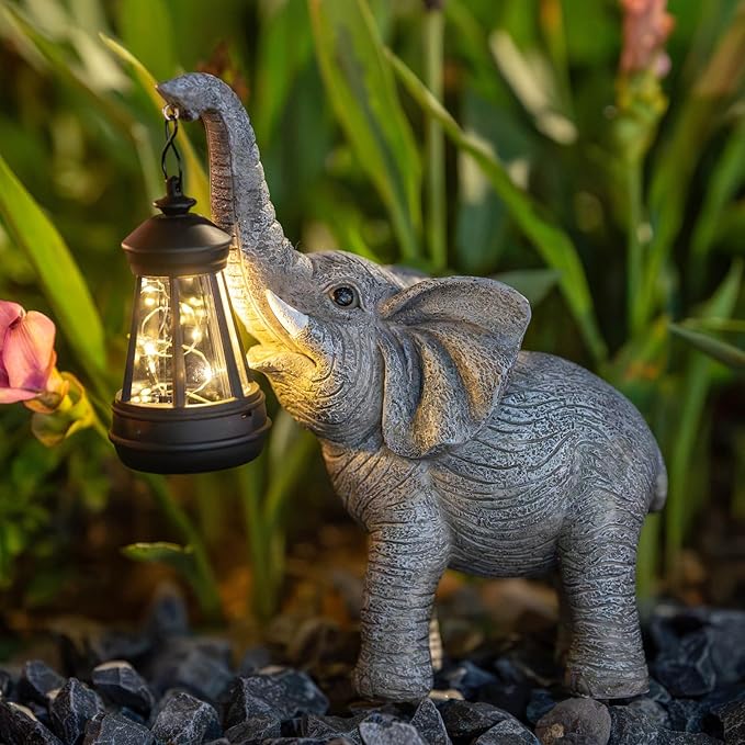 Solar Garden Statue Lights Elephants Figurine with Solar Lantern, Outdoor Yard Decorations for Patio Porch Home, Christmas Elephant Gifts for Women - Unique Housewarming Gifts-Ruum Studio Home