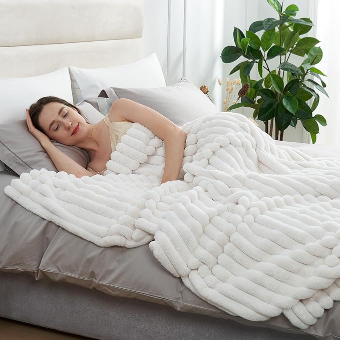 Amélie Home Faux Fur Throw Blanket for Couch, Cozy Fuzzy Fluffy Fur Luxurious Soft Striped Plush Gift Blankets for Family Sofa Chair Bed Living Room Bedroom, 60"x80", Ivory-Ruum Studio Home
