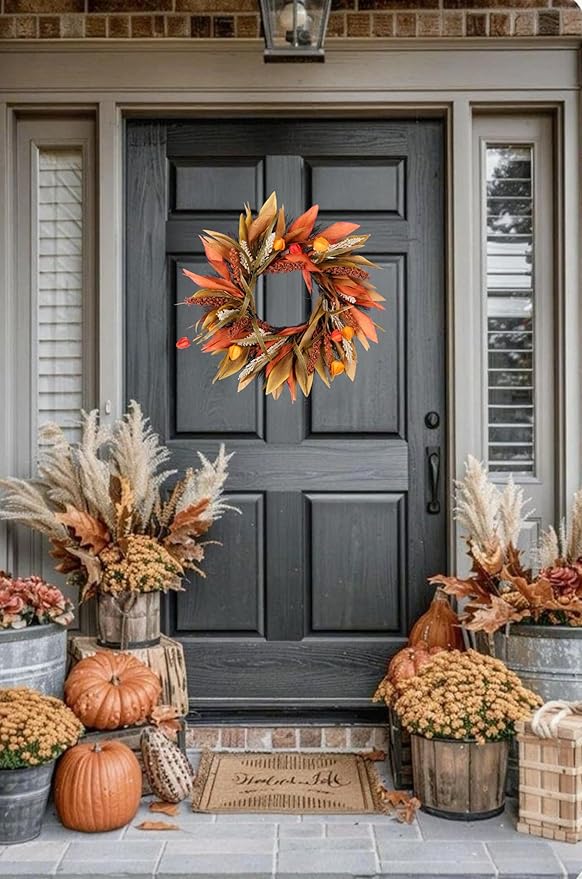 Fall Corn Husk & Berry Door Wreath for Front Door 24 Inch, Festive & Rustic Farmhouse Autumn Harvest Wreath, Fall Decor for Home Door Wall Porch Window, Orange/Yellow/Brown-Ruum Studio Home