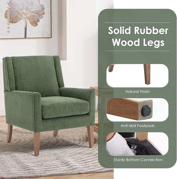 COLAMY Modern Wingback Living Room Chair, Upholstered Fabric Accent Armchair, Single Sofa Chair with Lounge Seat and Wood Legs for Bedroom/Office/Reading Spaces, Green-Ruum Studio Home