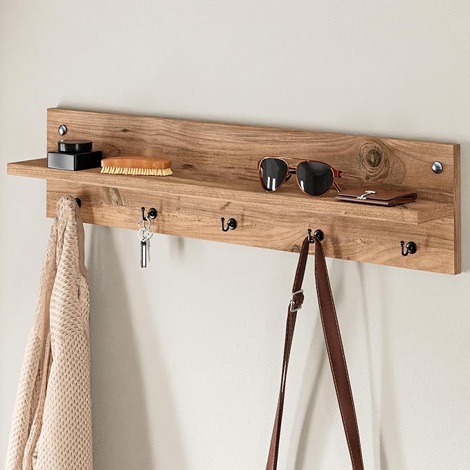 Modern Wall-Mounted Coat Rack with Shelf and Hooks - Wooden Entryway Organizer (Brown)-Ruum Studio Home