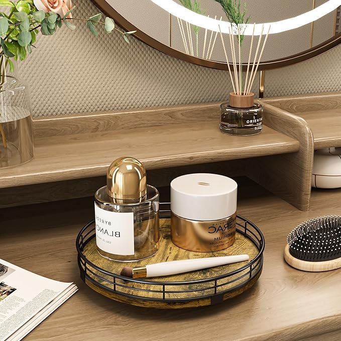Lazy Susan Turntable Organizer for Table Top, 9’’ Round Wooden Lazy Susan for Cabinet Kitchen Countertop Pantry Dining Coffee Table for Condiments Spices, Rustic Bathroom Vanity Tray for Soap Candle-Ruum Studio Home