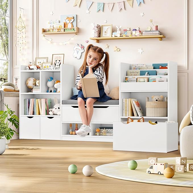 FOTOSOK 72” Kids Bookshelf with Reading Nook, Large Toy Storage Organizer with Seat Cushion and 3 Movable Drawers, Kids Reading Nook Toy Organizers and Storage with Bench for Living Room, White-Ruum Studio Home