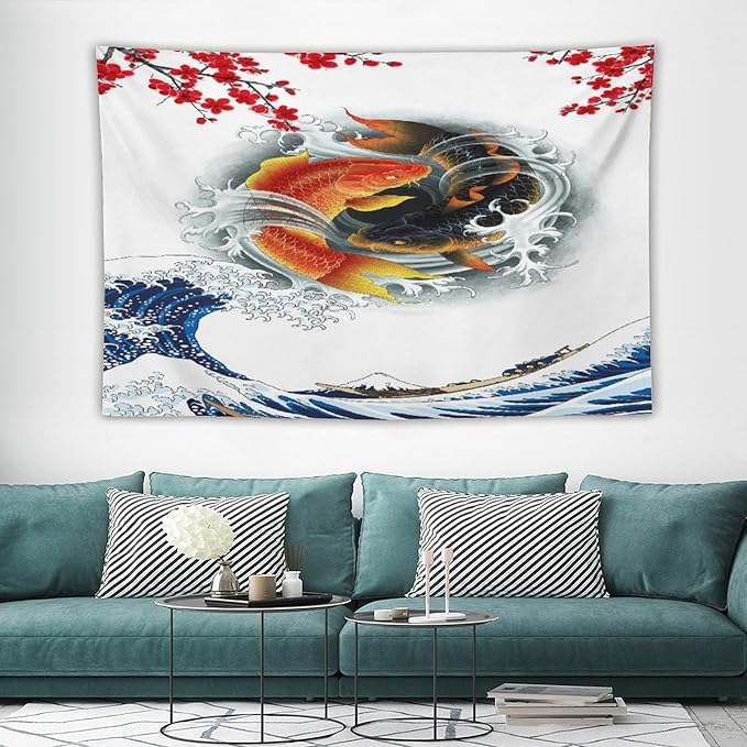 Houselerax Koi Fish Tapestry, Japanese Style Yin Yang Big Wave Cherry Blossoms Tapestries Wall Hanging for Bedroom Living Room Office Decor 90"x60"-Ruum Studio Home