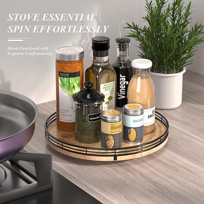 12" Lazy Susan Oak Wood Turntable Organizer for Cabinet, Farmhouse Round Wooden Lazy Susan Organization and Storage for Dining Table, Pantry, Kitchen, Bathroom, Countertop, Cupboard, Home Decor-Ruum Studio Home
