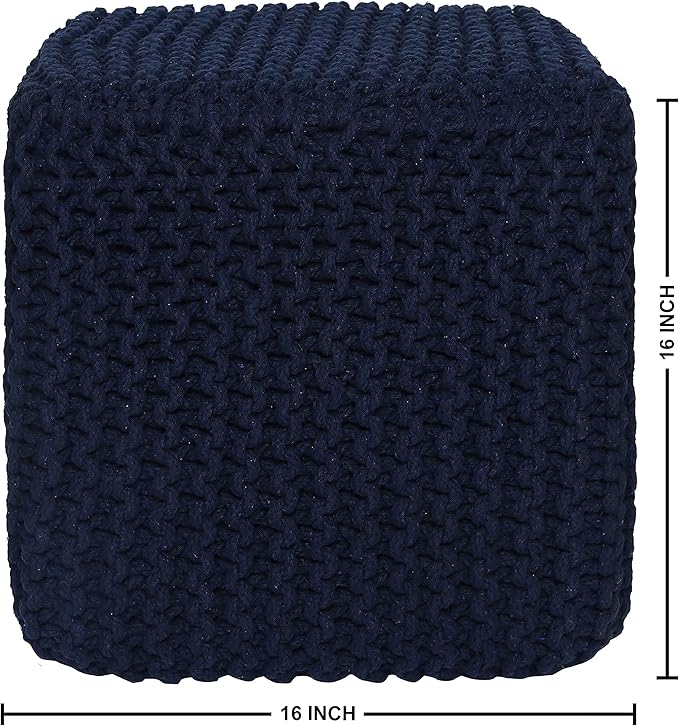 REDEARTH Square Hand Knitted Pouf - Foot Stool Ottoman Coffee Table - Cotton Cord Boho Pouffe - Poof Accent Footrest for Living Room - Bedroom - Library (16" x 16" x 16") - Navy Blue-Ruum Studio Home