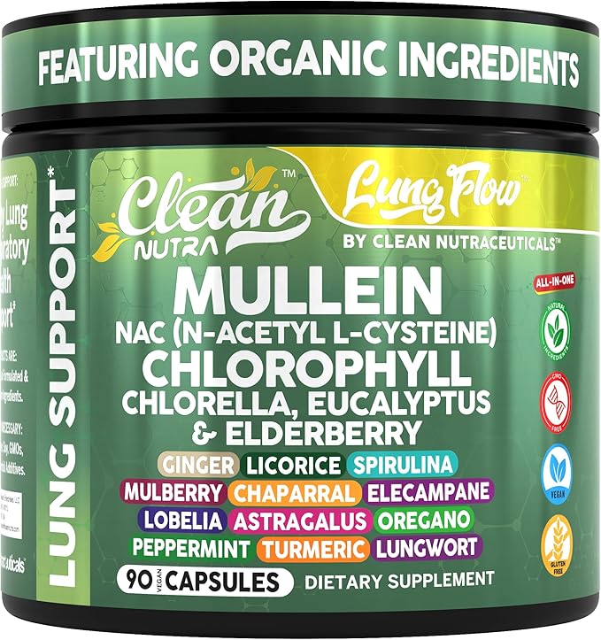 Clean Nutra Mullein NAC Supplement Spirulina Chlorella Ginger Licorice Mulberry Astragalus Root Oregano Turmeric with Chlorophyll Berries Detox Cleanse Respiratory Lung Health 90 Capsules-Ruum Studio Home
