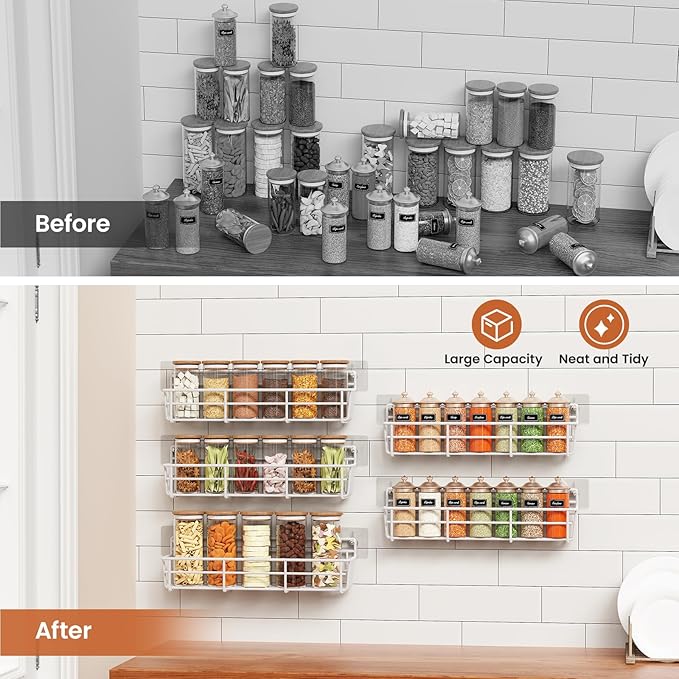 5 Pack Spice Rack Seasoning Organizer Wall Mount, Screw or Adhesive Hanging Shelf Basket Spice Organizer Shelf for Kitchen, White-Ruum Studio Home