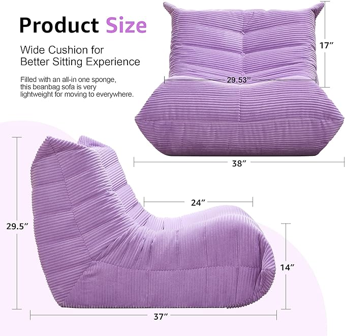 Bean Bag Chairs for Adults Giant Bean Bag Chair Memory Foam BeanBag Chair Big Bean Bag Sofa with Filler Faux Fur Fireside Beanbags Lazy Sofa for Living Room Bedroom Dorm Office (Purple Corduroy)-Ruum Studio Home