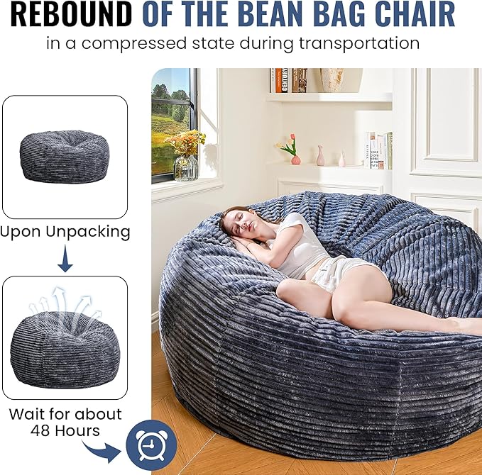 Large Bean Bag Chair, 5FT Giant Beanbag Chairs with Memory Foam Filled, Bean Bag Chairs for Adults, Ultra Soft Lazy Sofa for Living Room Bedroom (Gery)-Ruum Studio Home