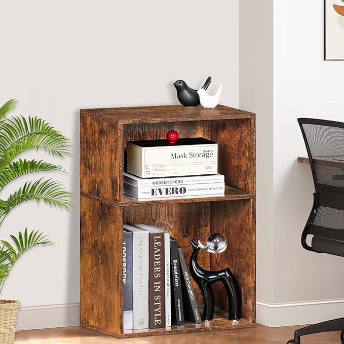LEYAOYAO 2 Cube Bookshelf,Brown Record Player Stand Holds up to 100 Albums, Mini Wood Book Shelf Storage Organizer,Turntable Stand with Vinyl Storage Cabinet, Narrow Open Bookcase for Small Spaces-Ruum Studio Home