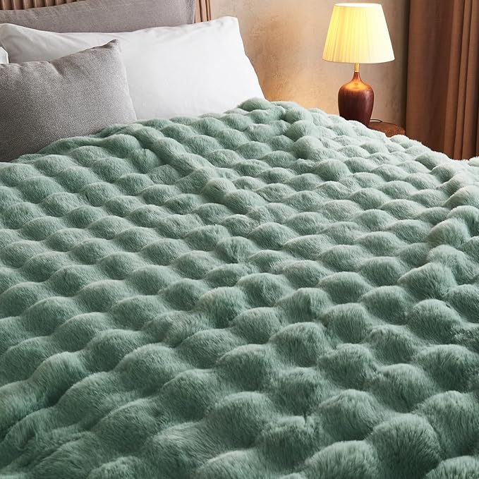 Lotus Karen Faux Fur Throw Blanket Sage Green - Big Bubble Rabbit Fluff Blanket for Couch Bed Sofa,Softest Fluffy Fuzzy Cozy Blanket,Plush Thick Furry Shaggy Warm Blankets for Women,108x90 Inches-Ruum Studio Home