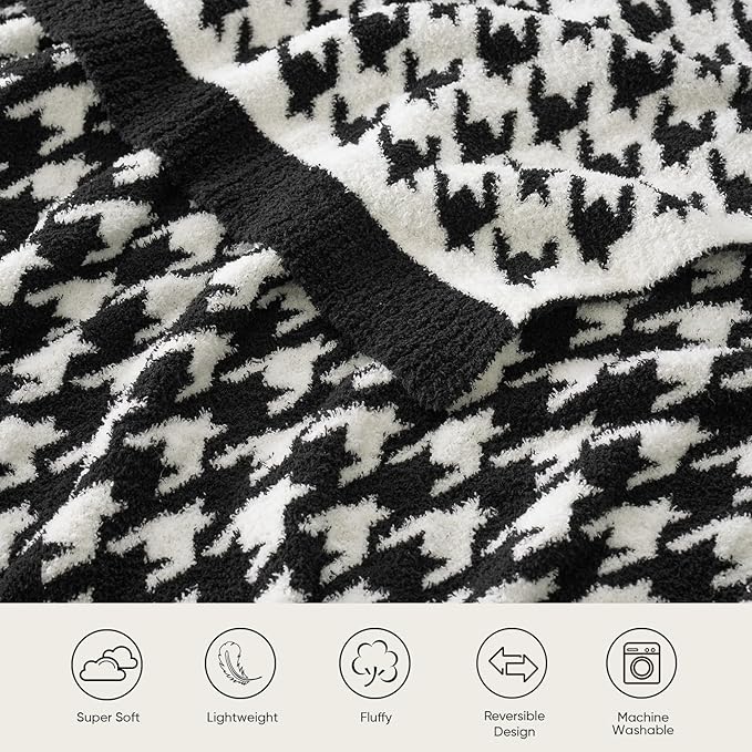 Snuggle Sac Houndstooth Throw Blanket for Couch, Reversible Super Soft Warm Blankets Cozy Knit Fuzzy Plush Lightweight Throws for Sofa, Bed, Camping, Black,50x60 inches-Ruum Studio Home