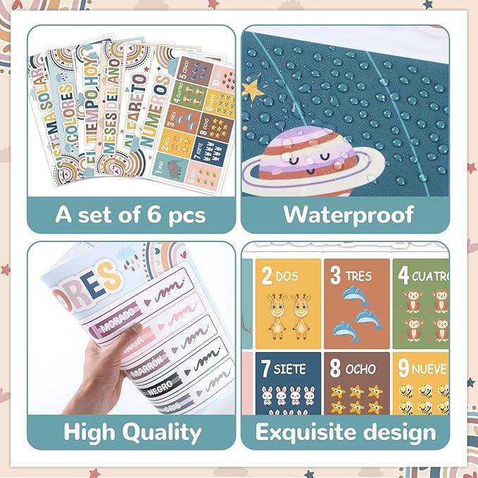 Spanish Educational Preschool Placemats Set of 6 Boho Plastic Table Mats Toddler Children Montessori Place Mats for Kids Washable Vinyl Holiday Table Decoration for Indoor Outdoor Party Kitchen Dining-Ruum Studio Home