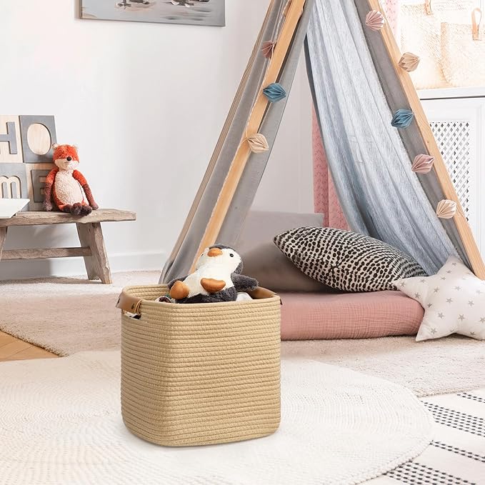 danpinera 3 Pack 11 Inch Woven Baskets for Storage, Stylish Storage Baskets for Shelves, Laundry, Bathroom, Kitchen, Cube Storage Bin, Cotton Rope Boho Baskets, Jute-Ruum Studio Home