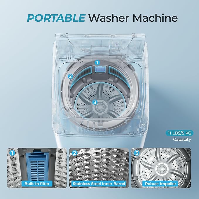 Euhomy 1.59 Cu.Ft. Portable Washing Machine, 11 LBS Capacity, 8 Functions, 8 Water Levels,Full Size Washing Machine with Drain Pump and LED Display for Apartments, RVs, Homes, Gray-Ruum Studio Home