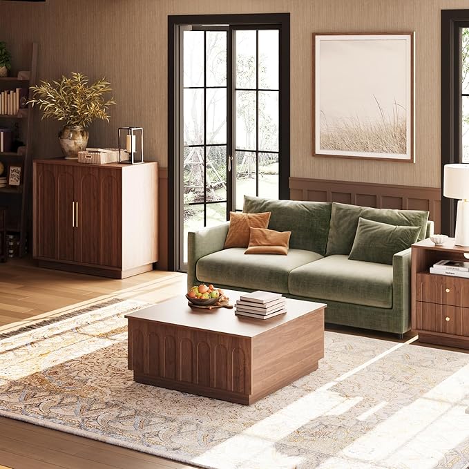 Lift Top Coffee Table with Storage, Mid Century Modern Coffee Table with Arched Design, 31.5" Square Tea Table with Wood Grain, Multifunctional Center Table for Living Room, Office, Walnut-Ruum Studio Home