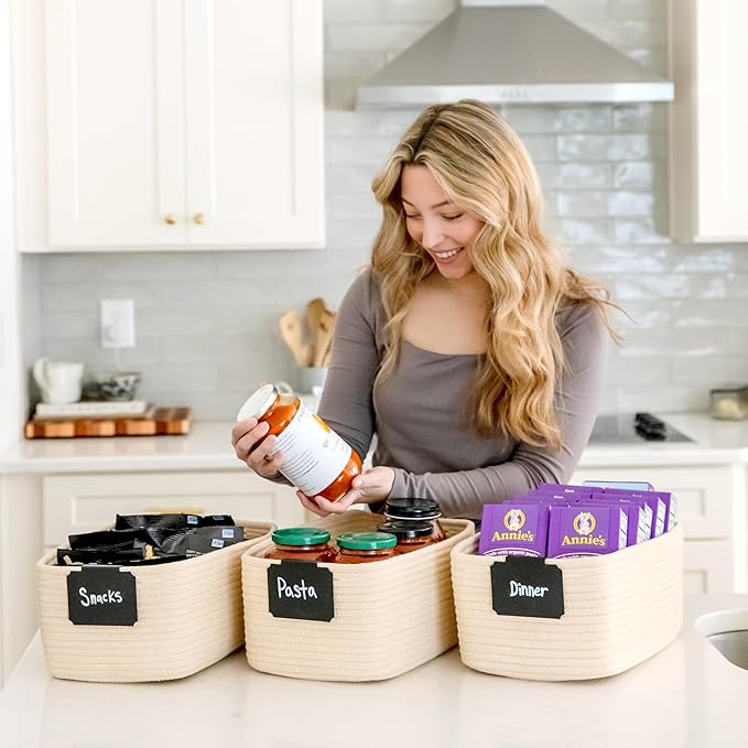 NaturalCozy 13.5”x8.5”x5.5” Storage Baskets for Shelves 3 Pack | Cotton Rope Woven Small Baskets for Organizing | Small Storage Bins for Nursery, Bathroom, Closet, Cube Shelf, Decorative, Gift-Ruum Studio Home