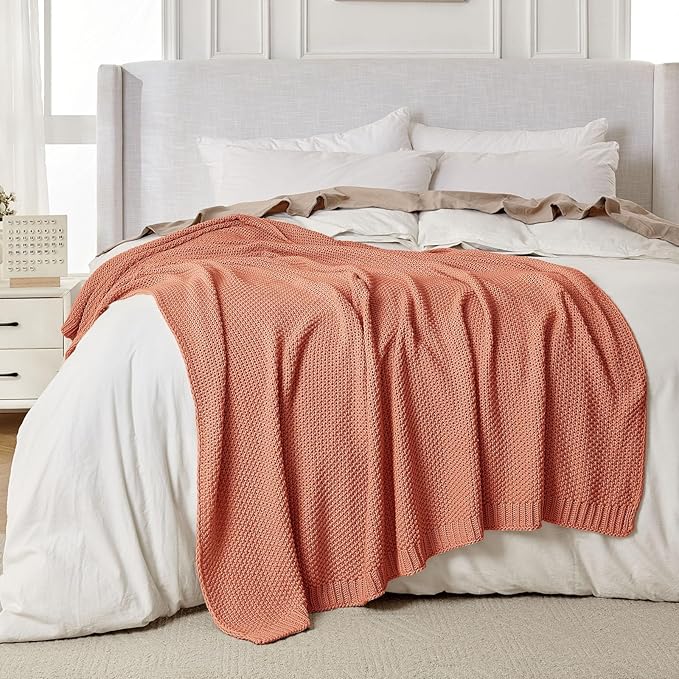 Joydeco Chunky Cable Knit Throw Blanket, Lightweight 100% Cotton Soft Cozy Throw Twin Blanket for Couch Bed and Sofa, Rustic Breathable Farmhouse Blanket Gift for Women Men(Burnt Orange, 60"x80")-Ruum Studio Home