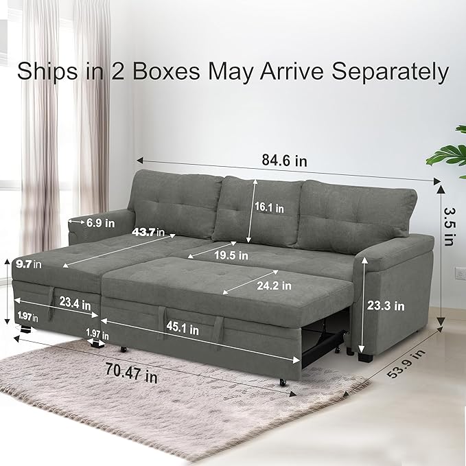 Naomi Home Transform Any Space: Sleeper Sectional Sofa with Convertible Sofa Bed & Inviting Chaise. Find Tranquil Comfort with Stress-Relieving Design & Durable Cushions - Gray/Velvet-Ruum Studio Home