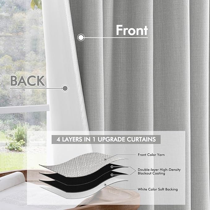 MIULEE 100% Blackout Curtains 108 Inch Long 2 Panels Set for Bedroom, Thick Luxury Faux Linen Black Out Curtain Room Darkening Back Tab Pleat Window Textured Drapes with Hooks for Living Room, Grey-Ruum Studio Home