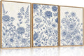 Classic Chinoiserie Floral Framed Canvas Wall Art Set, Blue and White Flower Wall Decor, Navy Watercolor Wall Painting, Minimalist Wildflower Art Print for Living Room, Bedroom - 24"x36"×3-Ruum Studio Home