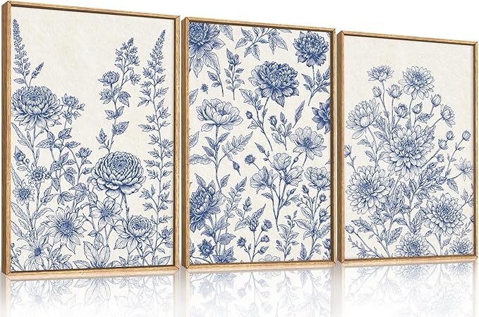 Classic Chinoiserie Floral Framed Canvas Wall Art Set, Blue and White Flower Wall Decor, Navy Watercolor Wall Painting, Minimalist Wildflower Art Print for Living Room, Bedroom - 16"x24"×3-Ruum Studio Home