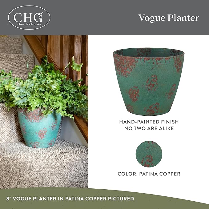 Classic Home and Garden Vogue Planter Pots w/Pottery Quality Finish - Modern Indoor & Outdoor Flower Pots - UV-Resistant Porch Planters - Decorative Pot for Flowers & Herbs (8” Patina Copper)-Ruum Studio Home