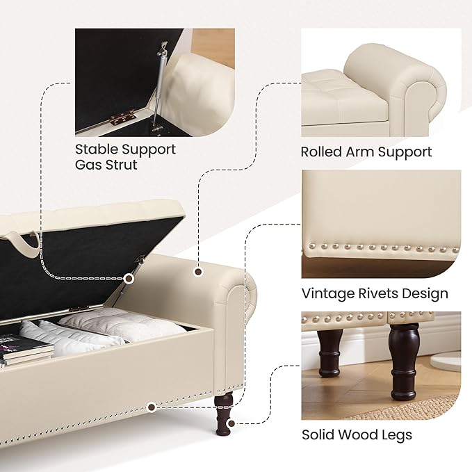 Storage Ottoman Bench for Bedroom, 60" Upholstered Bedroom Bench with Rolled Arms and Vintage Rivets, Large Storage Chest for Living Room, Bedroom, Entryway, Beige-Ruum Studio Home