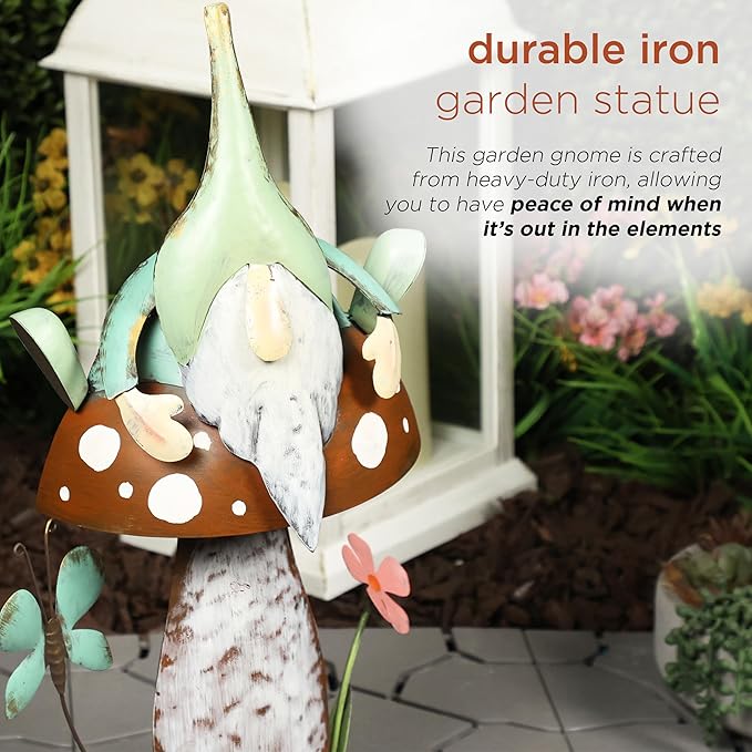 Alpine Corporation - Metal Gnome with Mushroom – 20" Tall Durable Iron Garden Statue, Whimsical Outdoor Décor for Patio, Lawn, Yard (Multicolor)-Ruum Studio Home