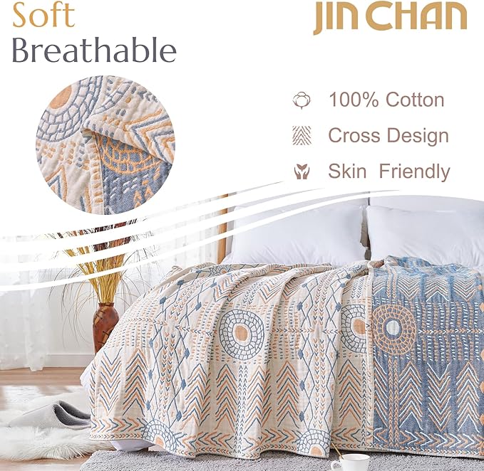 jinchan Boho 100% Cotton Muslin Queen Size 80x90 Throw Blanket Lightweight 4-Layer Orange Reversible Blanket Washable Breathable Geometric Striped Pattern Soft Comfy for Couch Bed Decor All Seasons-Ruum Studio Home