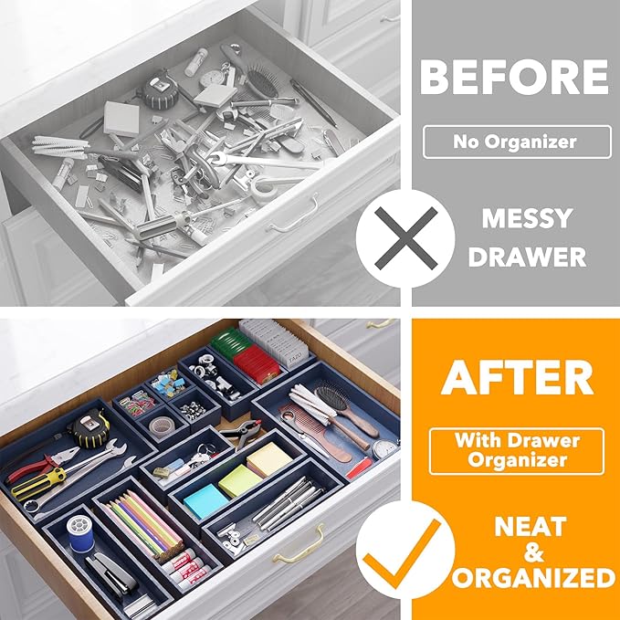 SpaceAid 14-Piece Bamboo Drawer Organizer Storage Boxes Set, Wood Tray Junk Drawer Organizers Multi-Use Divider Bins for Kitchen, Bathroom, Office Desk and Makeup Organization (14 Pack, Navy Blue)-Ruum Studio Home