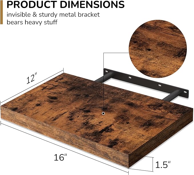 Fun Memories Floating Shelves - 2 Pack 12 Inch Deep Rustic Wooden Wall Shelves - Extra Deeper & Thicker Wall Mounted Storage Shelf for Living Room, Kitchen, Farmhouse - 16" W x 12" D x 1.5" H - Brown-Ruum Studio Home