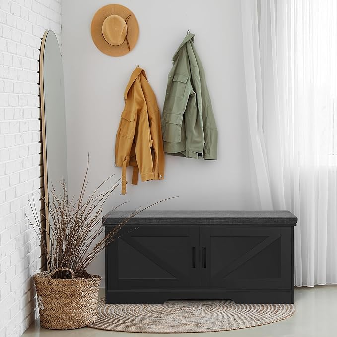 2-Tier Storage Bench, Shoe Bench with Padded Seat Cushion, Entryway Bench with 2 Barn Doors, Adjustable Shelf, 13.8" D x 39.4" W x 17.7" H, for Entryway, Living Room, Bedroom, Black-Ruum Studio Home