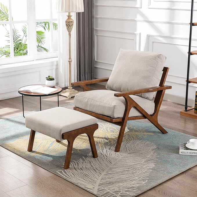 Wahson Set of 2 Mid Century Arm Chairs and Ottomans, Upholstered Accent Armchair with Wood Frame and Canvas Cushions, Leisure Slipper Chair for Living Room/Bedroom, Beige-Ruum Studio Home