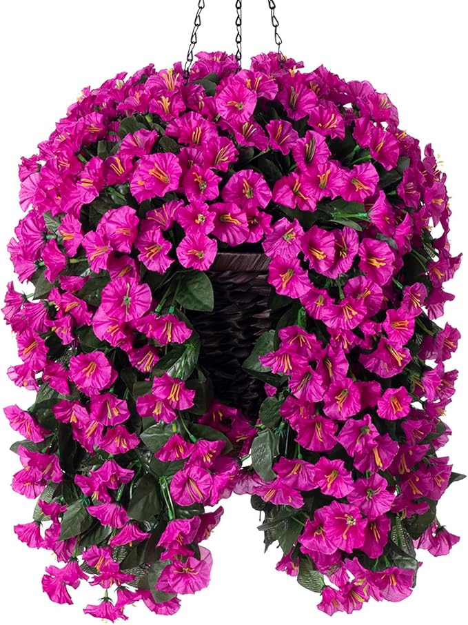 Artificial Fake Hanging Flowers Plants Baskets for Outdoor Outside Decoration, Faux Silk UV Resistant Realistic Fuchsia Morning Glory Planter for Home Porch Patio Balcony Garden Yard-Ruum Studio Home