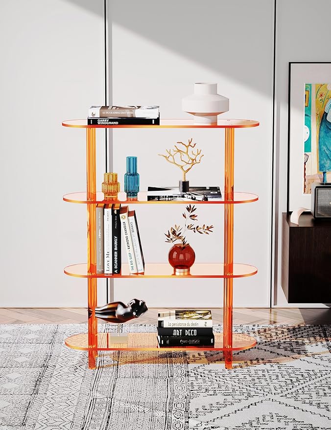 Clear Bookshelf, Acrylic Bookcase with Open Book Shelf for Office Living Room Bedroom (4 Tier Orange)-Ruum Studio Home