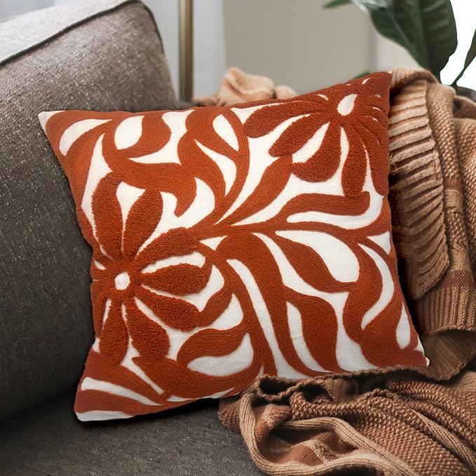 Alysheer Farmhouse Floral Leaves Embroidered Decorative Throw Pillow Cover 18x18 inches, Boho Tufted Flowers Embroidery Pattern Chic Cotton Cushion Case for Couch Bed Sofa Living Room(Burnt Orange)-Ruum Studio Home