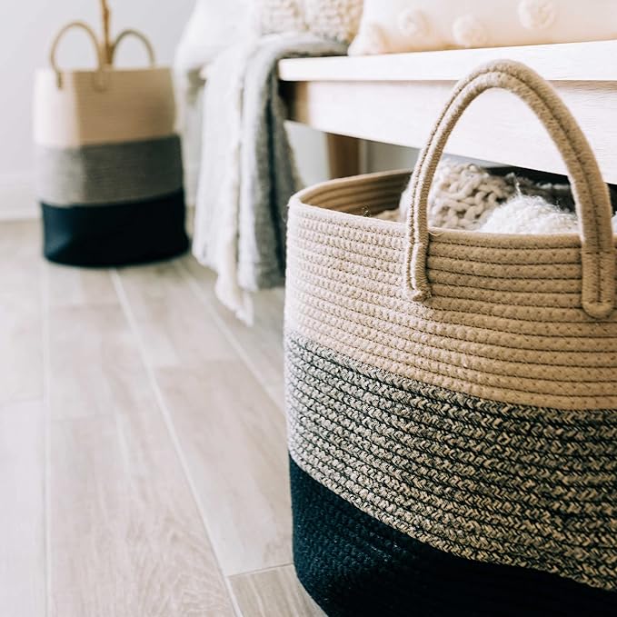 OrganiHaus Woven Laundry Basket, Large Cotton Rope Blanket Holder with Handles, Soft & Sturdy Nursery Hamper, Decorative Toy Bin for Living Room Organization 20x13 inches - Brown/Black-Ruum Studio Home