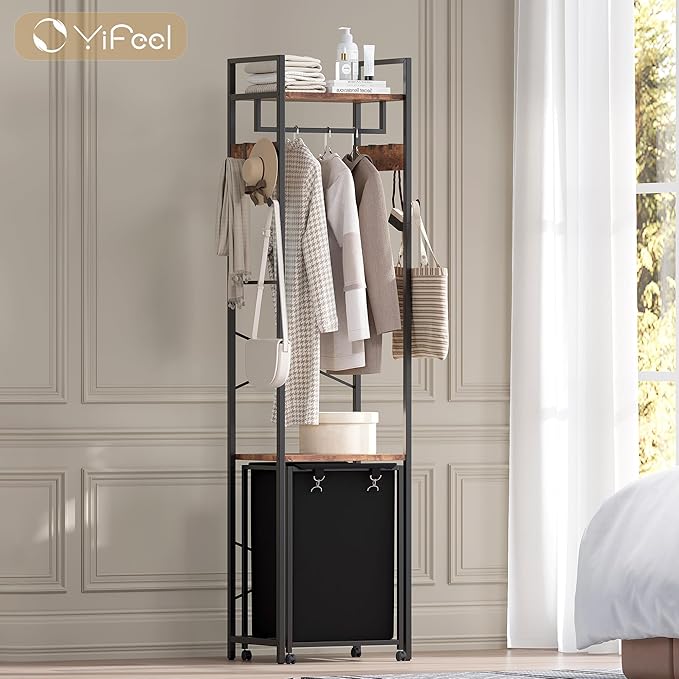 Coat Rack with Laundry Basket, Laundry Hamper Freestanding Hall Tree, Clothes Rack with Storage Shelves, 14.5 Gal Removable Bags on Wheels, Black and Brown JLH005SR-Ruum Studio Home
