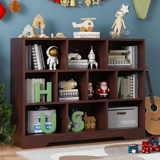 Book Shelf, 10 Cubes Storage Organizer, 3-Tier Open Shelf Wooden Bookcase, Freestanding Cherry Bookshelf Cube Shelf for Living Room-Ruum Studio Home