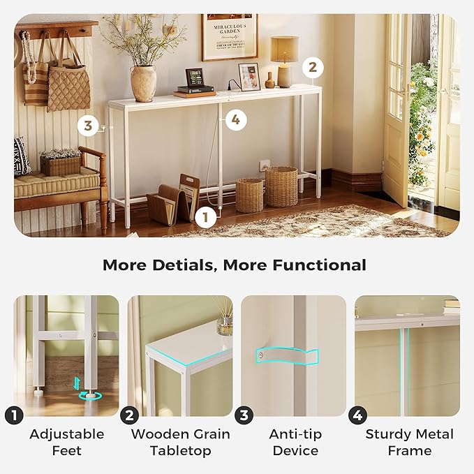 SUPERJARE Console Table with Outlet, 63 Inch Sofa Table with Charging Station, Narrow Entryway Table, Skinny Hallway Table, Behind Couch Table, for Living Room, Plants, White-Ruum Studio Home