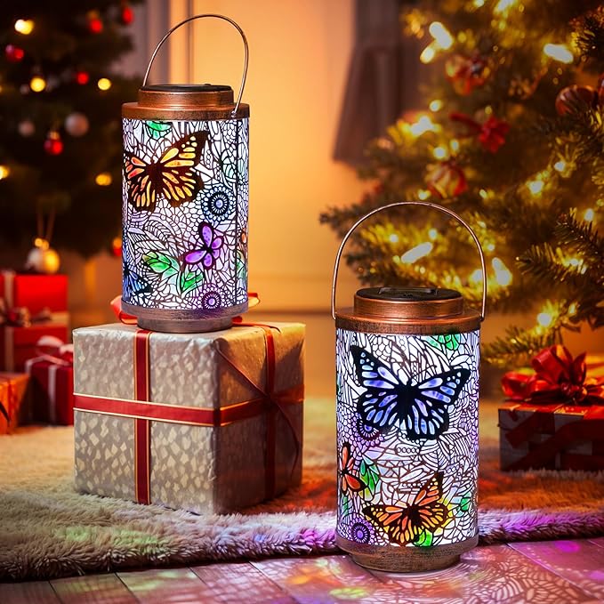 2Pack Solar Lanterns Outdoor Waterproof Colorful Butterfly Garden Gifts for Women, Multicolor Solar Outside Lights Patio Lantern for Yard, Backyard, Porch, Mothers Day Gifts for Mom Grandma Wife-Ruum Studio Home