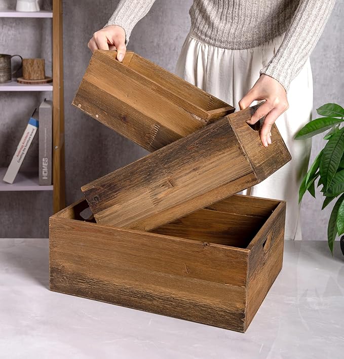 TIMRIS Set of 3 Rustic Distressed Wood Nesting Crates, Farmhouse Decorative Wooden Storage Boxes, Vintage Reclaimed Wood Baskets for Display (Natural)-Ruum Studio Home