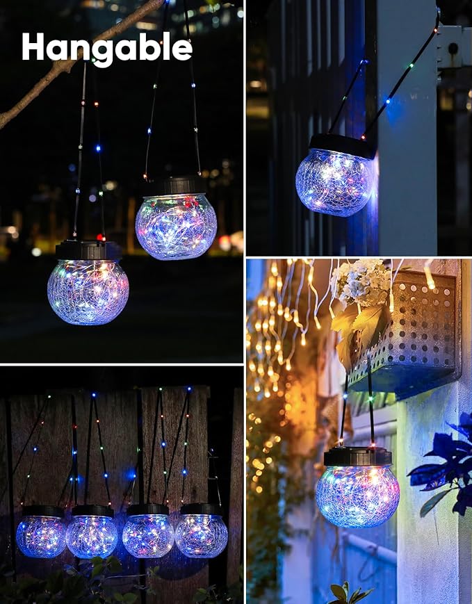 PARTPHONER Solar Lantern Solar Lights Outdoor Waterproof 2-Pack, Solar Powered Hanging Lights Cracked Glass Hanging Globes for Christmas Decoration, Shepherd Hook, Garden Tree Ornaments,Muiti-Color-Ruum Studio Home