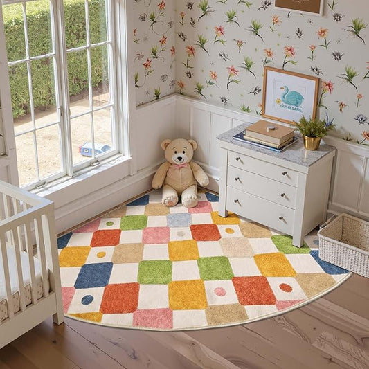 jinchan Kids Rug for Nursery 5ft Radius Corner Washable Area Rug Modern Colorful Quarter Circle Rug Soft Non-Slip Carpet for Bedroom Playroom Daycare Reading Nook Kitchen Classroom Circus on Cream-Ruum Studio Home