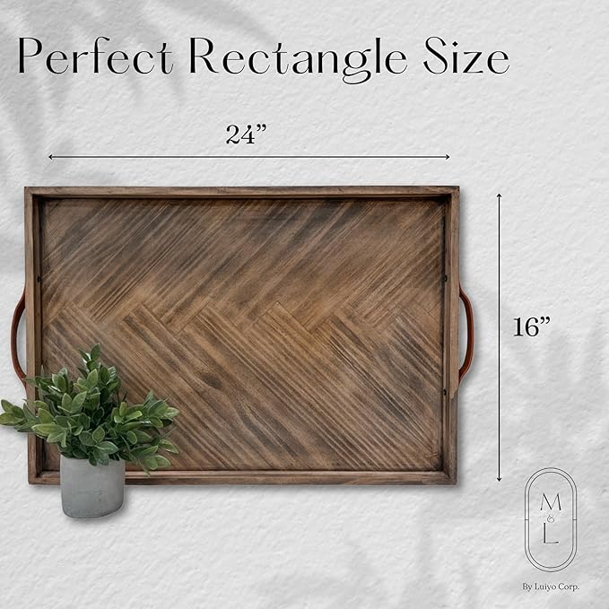 Medium Ottoman Wood Serving Tray- with Leather Handle Decorative Wooden 24 * 16 * 1.5 Inches Square Serving Tray Best for Coffee Table, Living Room and Kitchen-Ruum Studio Home