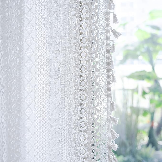 Sutuo Home Boho Sheer Curtain Valance Tier Crochet Lace with Bohemian Hollow Knitted Handmade Tassels, Short Farmhouse Window Treatment for Kitchen Cafe, Rod Pocket, 1 Panel 59" W x 36" L, White-Ruum Studio Home