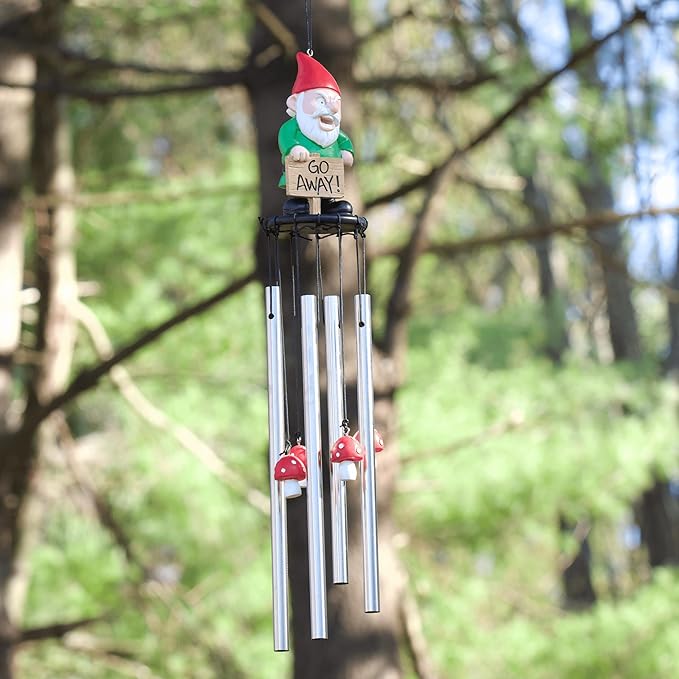 Funny Gnome Wind Chime for Garden or Porch – Peeved Garden Gnome Holding 'Go Away' Sign – Outdoor Yard Décor with Stainless Steel Tubes & Resin Mushroom Strikers – Hilarious Gift Idea-Ruum Studio Home